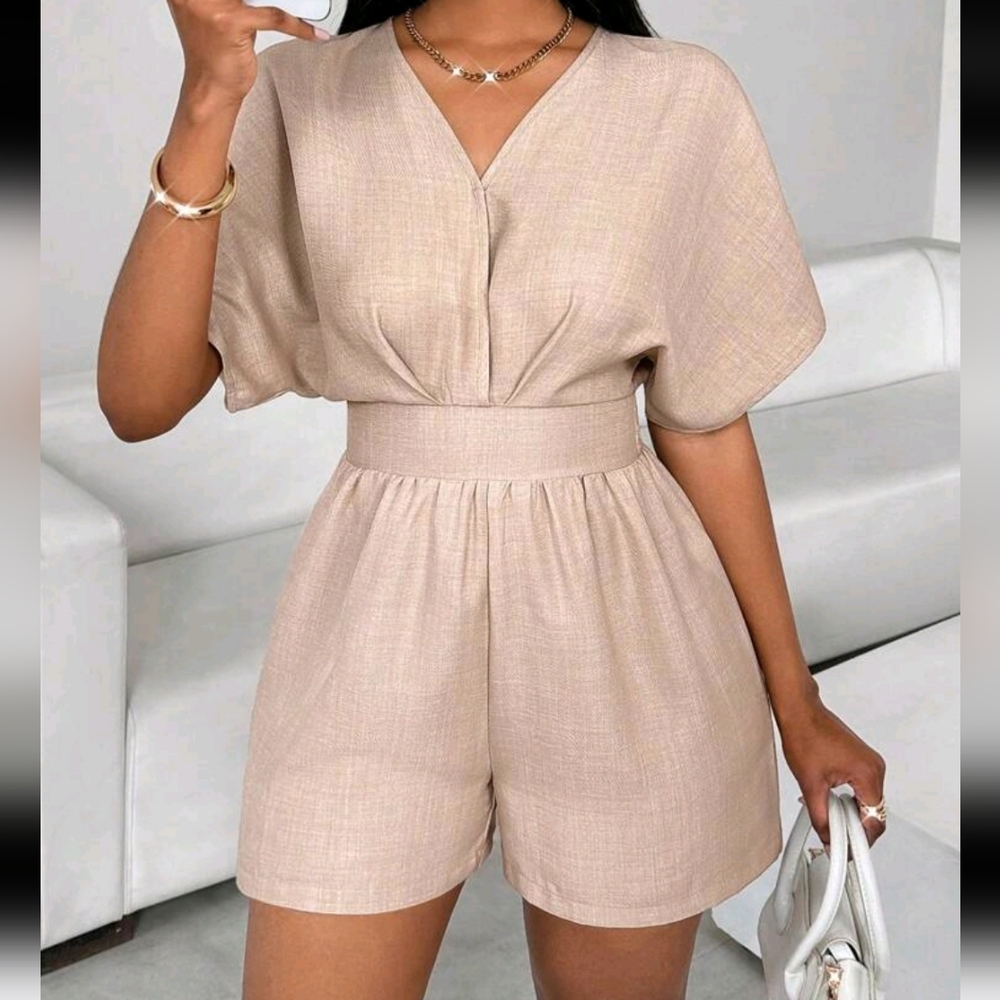 Women's Solid-Color V-Neck Batwing Short Sleeve Pleated Casual Romper Jumpsuit